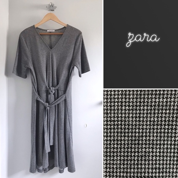 Zara Black Gray Houndstooth Belted Midi Dress • S - Picture 1 of 7